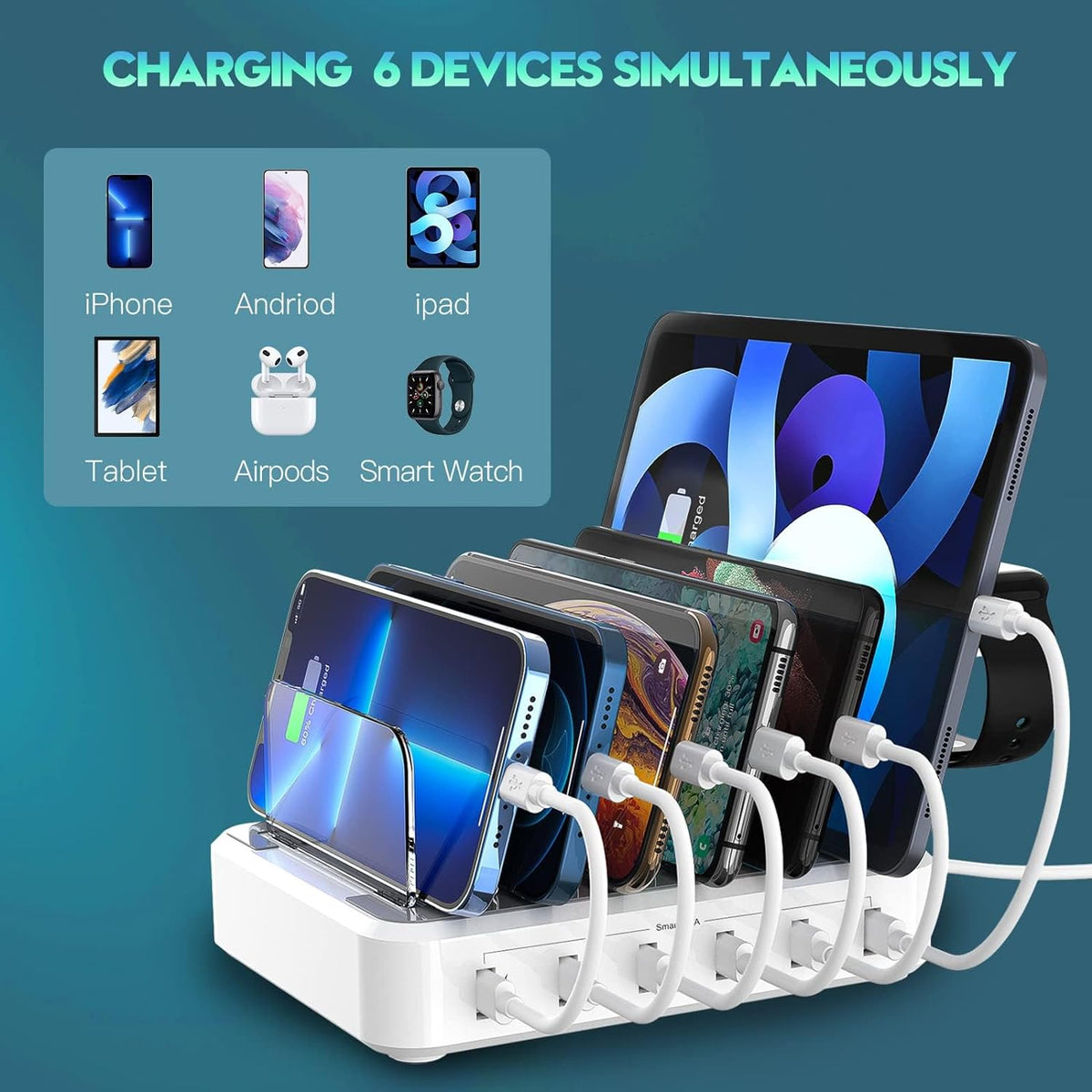 Multi-Device Charging Station with Adaptive Current and Removable Organizer for Phones