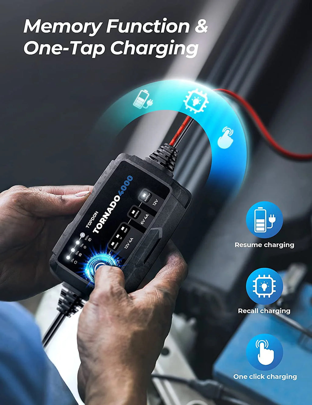 Car Battery Charger, TOPDON T4000 4A/1A Auto Smart Battery Maintainer Desulfator for Lead-Acid/Lithium ion Batteries