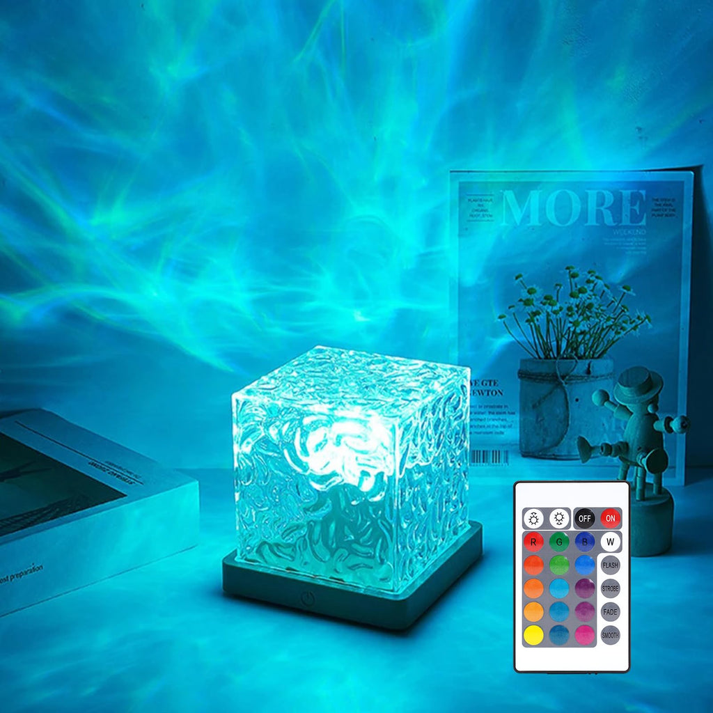Ocean Wave Projector Lamp with 16 Color Modes and Remote Control, Wooden Base USB Powered
