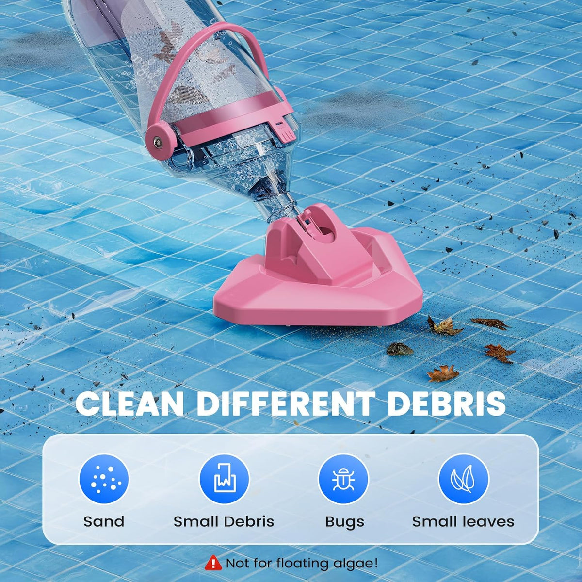 Pool Vacuum for Above Ground Pool with a Telescopic Pole, Running time up to 1H, T403 Handheld Rechargeable Pool Cleaner with Powerful Suction up to 18.5 gallons/min, Ideal for Leaves, Debris