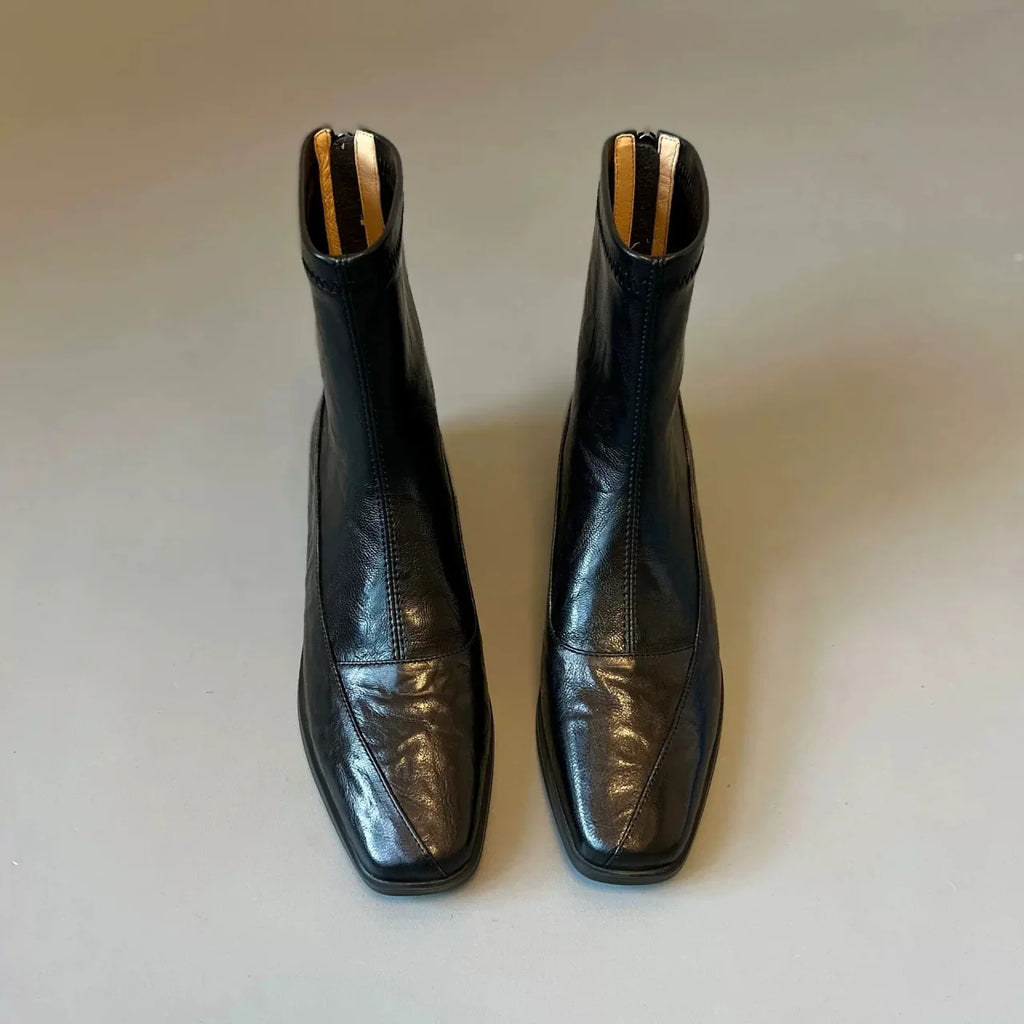 Women French Retro Slim Ankle Boots, Genuine Leather Back Zipper Stretch Boots, Elegant Slimming Block High Heel Short Boots