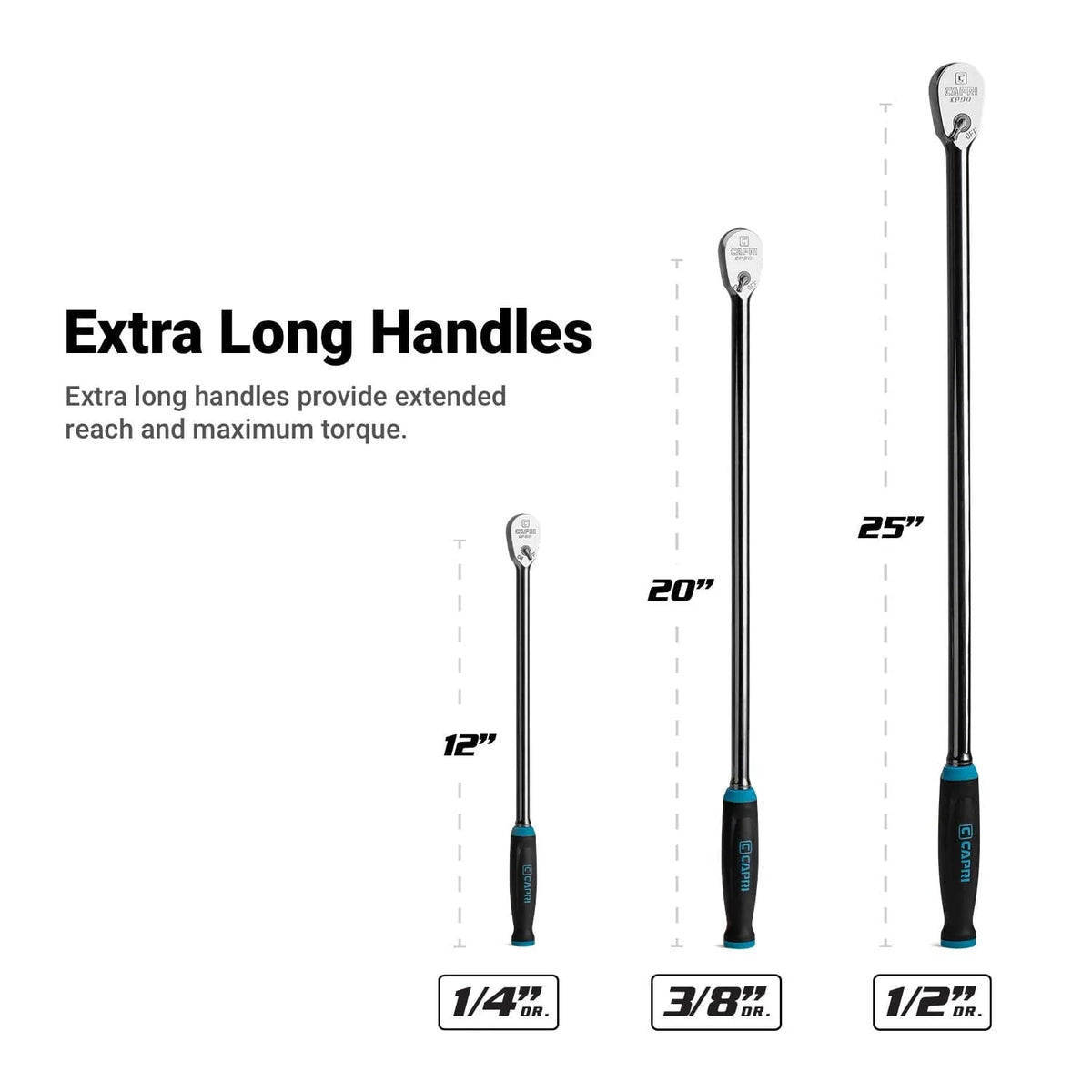 Capri Tools Fine 90-Tooth Extra Long Ratchet Set, Ergonomic Soft Grip, 1/4, 3/8, 1/2 in. Drive, 3-Piece