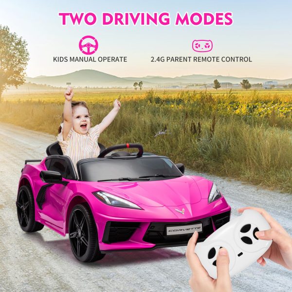 12V Kids Ride on Car Licensed Corvette Battery Powered Car Toddles Electric Sports Car Toy with Remote Control, Visual Dashboard, LED Lights, Music, Gifts for Boys Girls, Rose Red