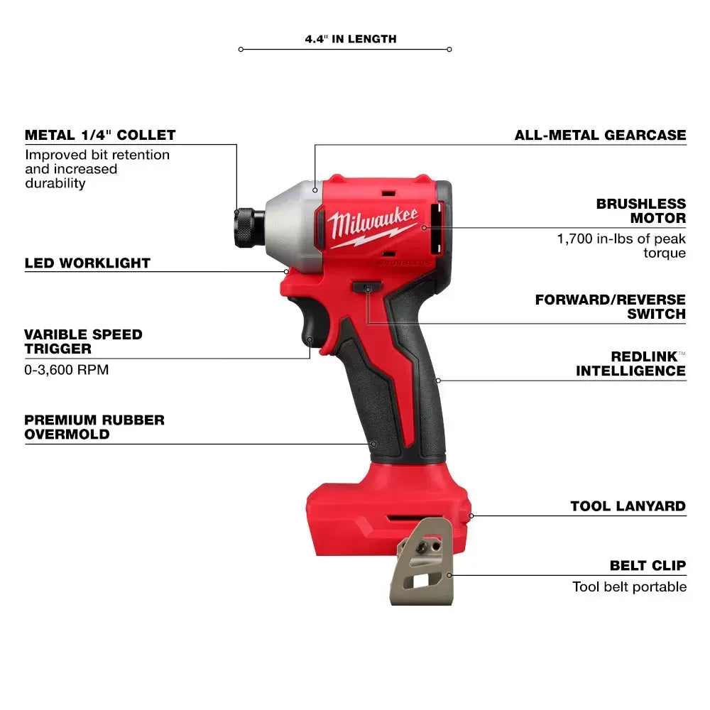 Milwaukee Pre-Sale 3650-20 M18 18V 1/4 Compact Brushless Hex Impact Driver - Bare Tool
