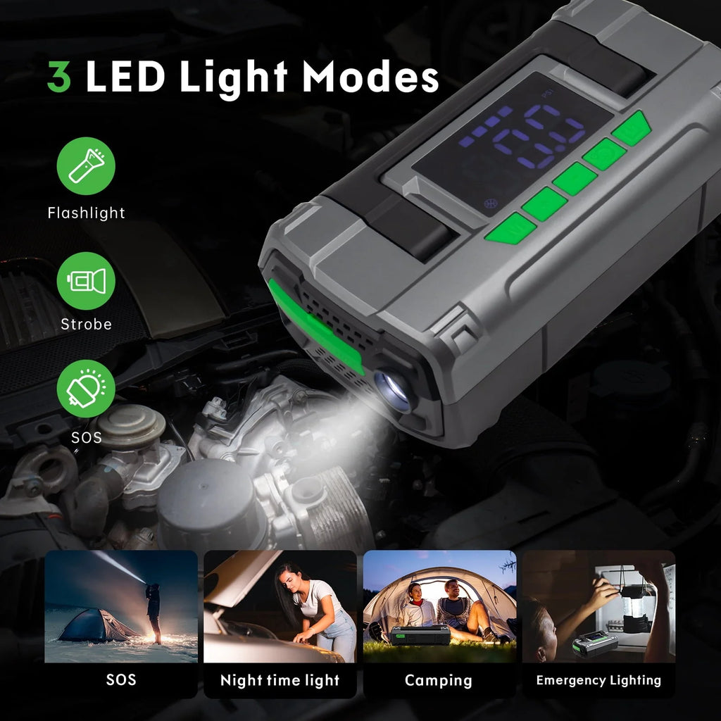 CAROSS T14 Jump Starter with 150 PSI Air Compressor, 2000A Peak 20000mAh (up to 8L Gas or 6L Diesel Engines) Patented Green Jumper Cable, USB QC 3.0 Quick Charge, 3.6'' Big Screen, 3 Light modes