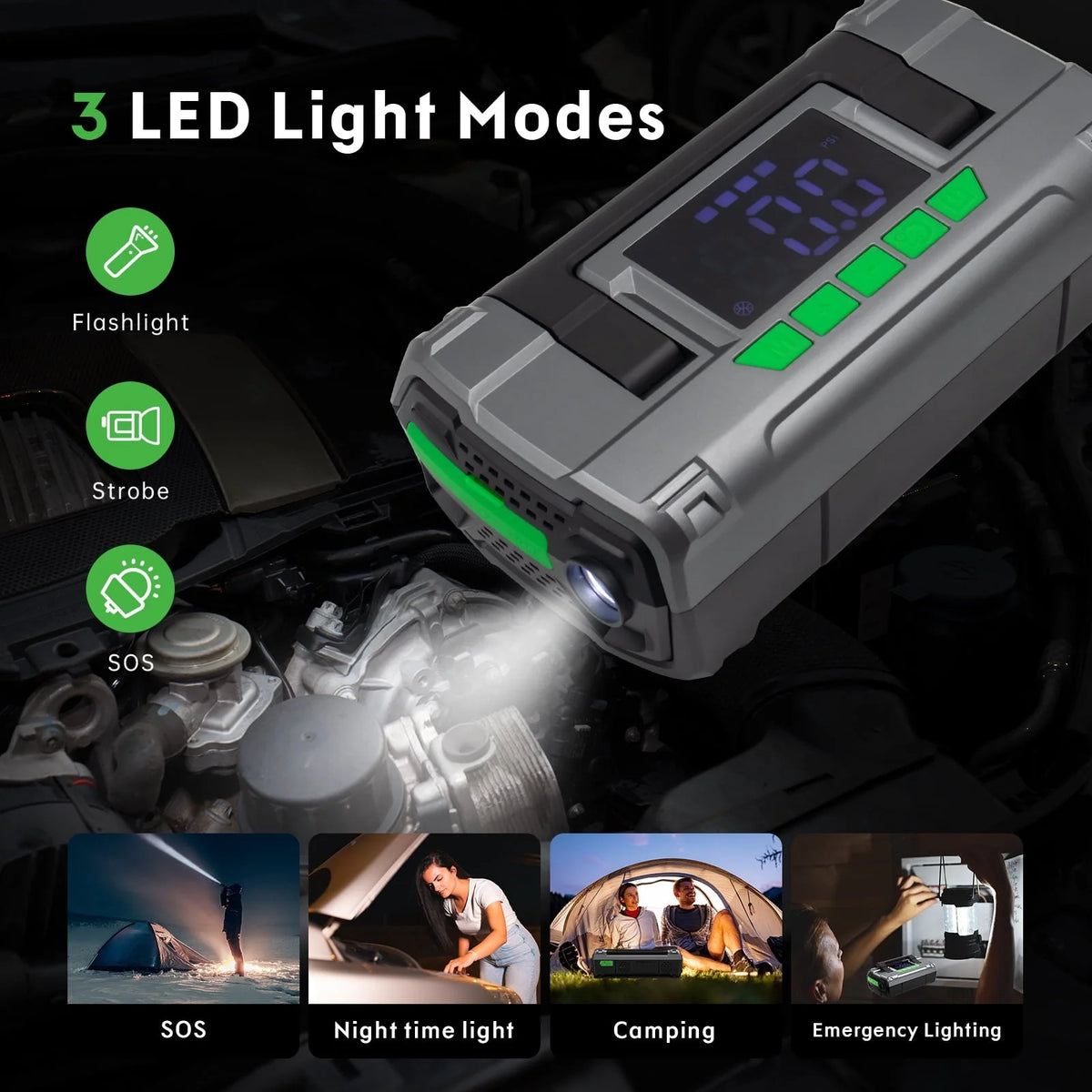 CAROSS T14 Jump Starter with 150 PSI Air Compressor, 2000A Peak 20000mAh (up to 8L Gas or 6L Diesel Engines) Patented Green Jumper Cable, USB QC 3.0 Quick Charge, 3.6'' Big Screen, 3 Light modes