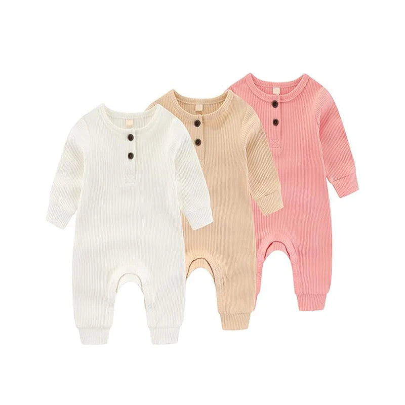 3-Pack Newborns Infants Baby Boys & Girls Long Sleeve Ribbed Romper Soft Button Front Jumpsuit