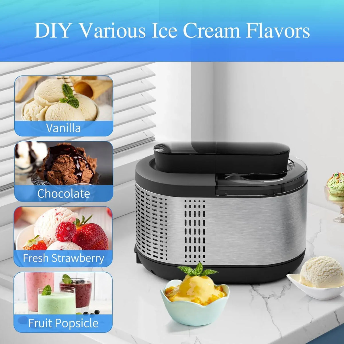 Ice Cream Maker Machine Automatic: TINANA Icecream Machine with LCD Display - Electric Gelato Maker - No Pre-freezing
