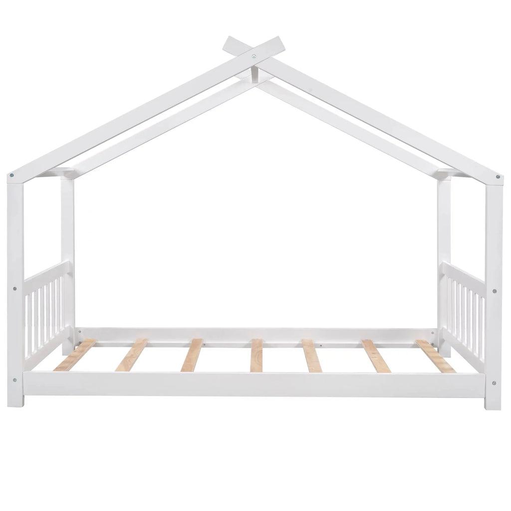 Twin Size White House Platform Bed with Roof Design Headboard and Footboard, Kids Bedroom Furniture