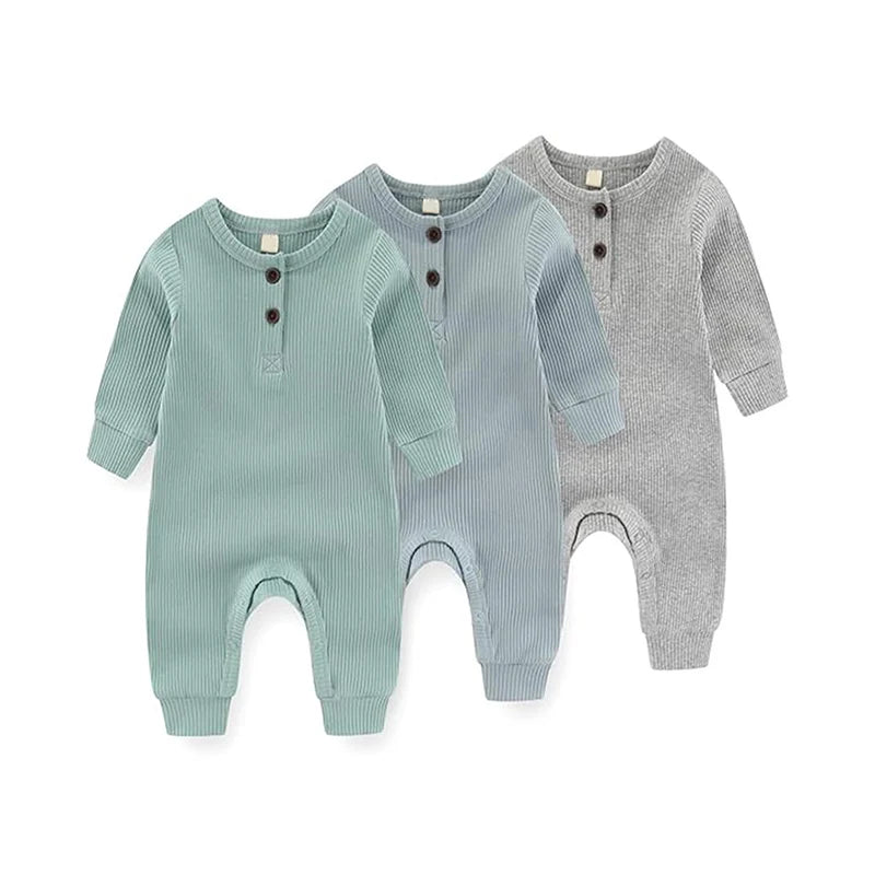 3-Pack Newborns Infants Baby Boys & Girls Long Sleeve Ribbed Romper Soft Button Front Jumpsuit