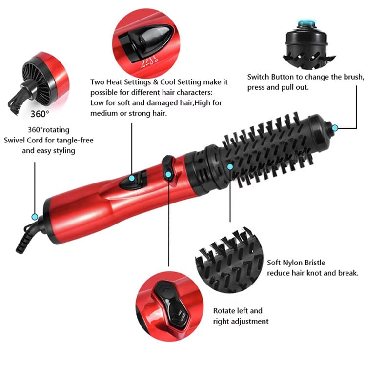 Hot Air Brush with Dual Rotating Interchangeable Heads and 3 Heat Settings, Ionic Finish