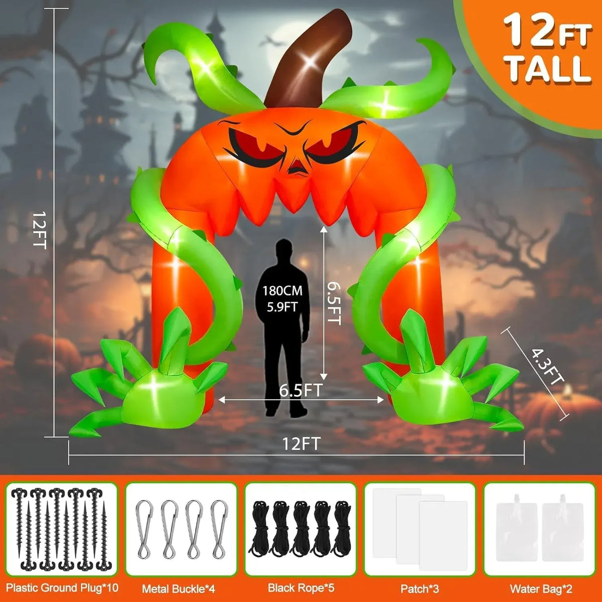 Kalolary 12FT Halloween Archway Inflatables, Giant Pumpkin Arch Inflatable with LED Light Scary Halloween Outdoor Blow Up Decoration for Lawn Garden Yard Holiday Party Decor