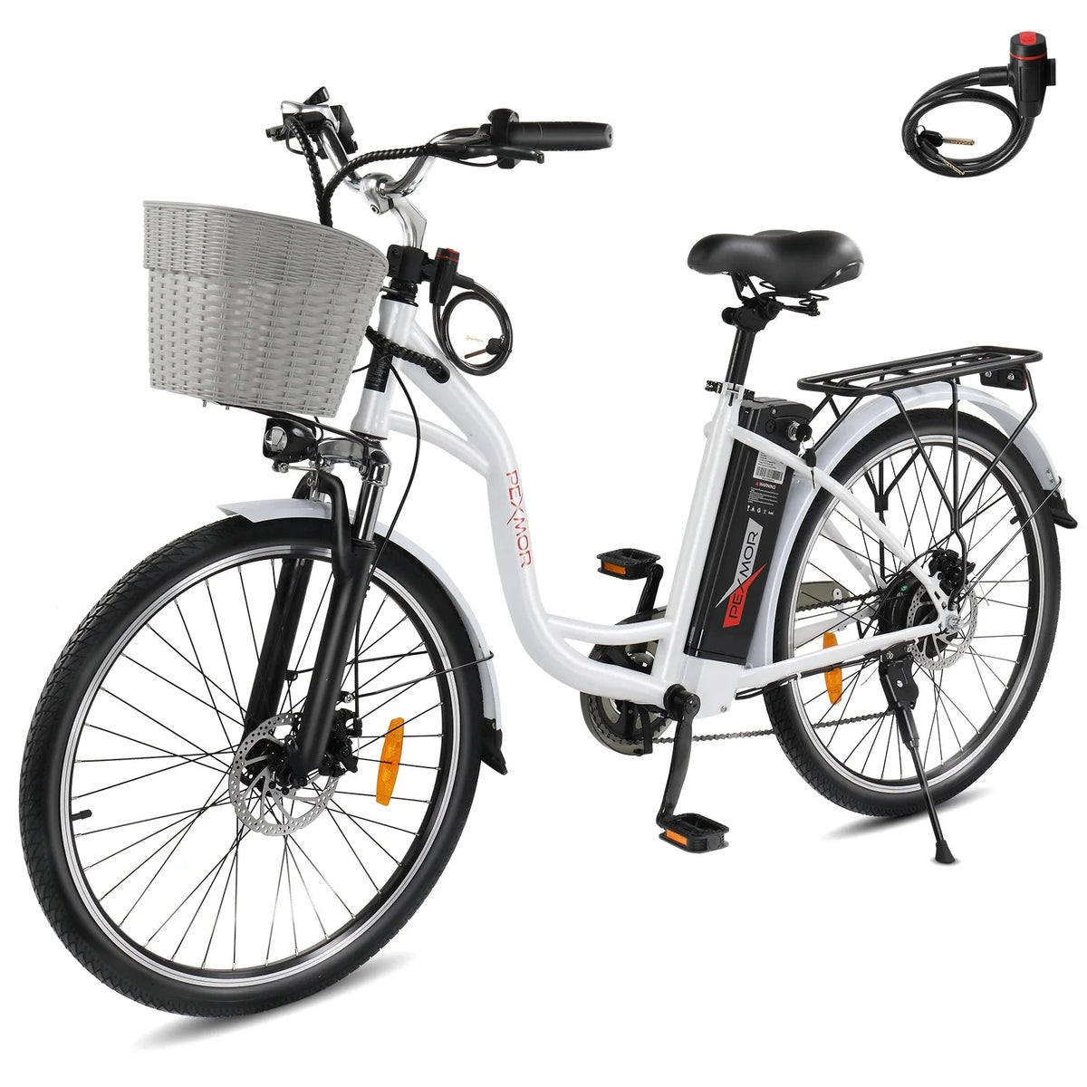 PEXMOR Electric Bike for Adults, 350W (Peak 500W) City Commuter Ebike 36V 12.5AH Removable Battery, 26 Cruiser Electric Bicycle Shimano 6-Speed | Dual Shock Absorber | Basket