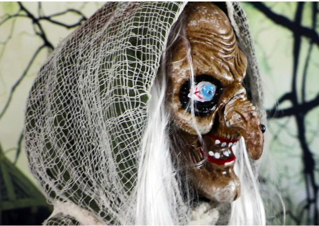 Haunted Hill Farm Life-Size Scary Talking Witch, Animatronic with Touch Activated Lights and Sound, Battery Operated Indoor or Covered Outdoor Decoration, Creepy Halloween Prop