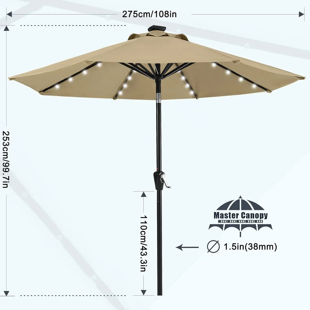 Patio Umbrella with 32 Solar LED Lights -8 Ribs (9ft,Khaki)