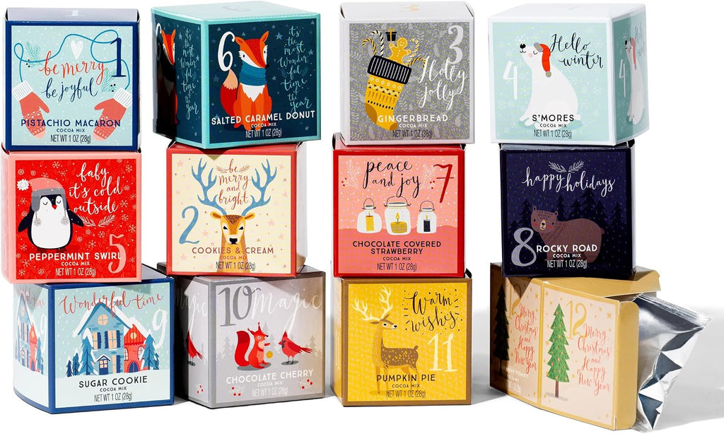 Hot Chocolate Gift Set with 12 Gourmet Flavors and Festive Holiday Packaging