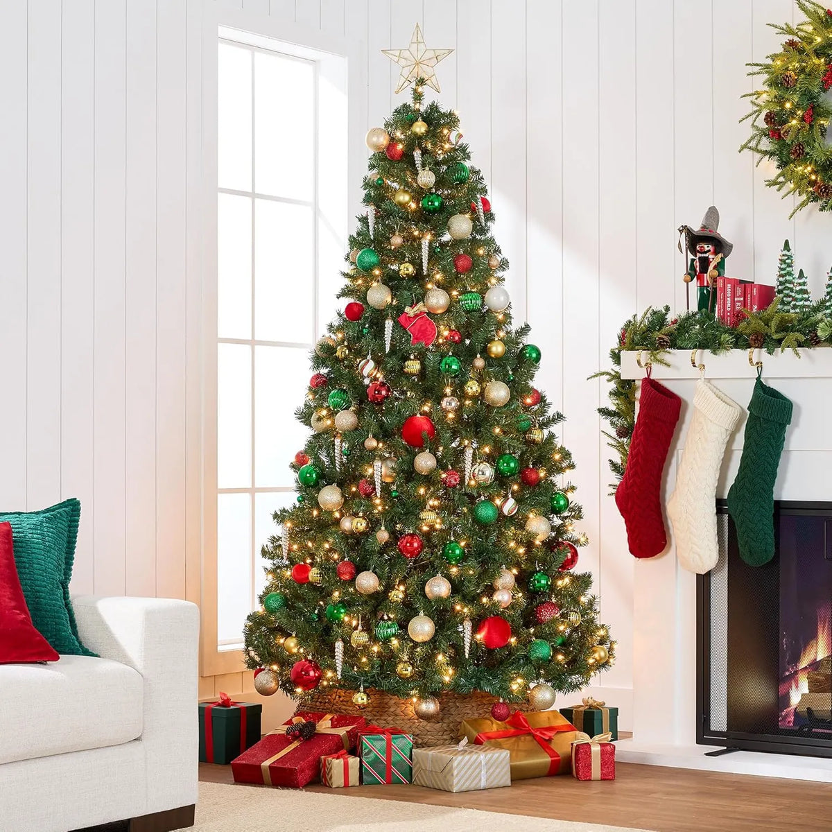 12ft Choice Products 4.5ft Pre-Lit Spruce Artificial Holiday Christmas Tree for Home, Office, Party Decoration w/ 200 Incandescent Lights, 763 Branch Tips, Easy Assembly, Metal Hinges & Foldable Base