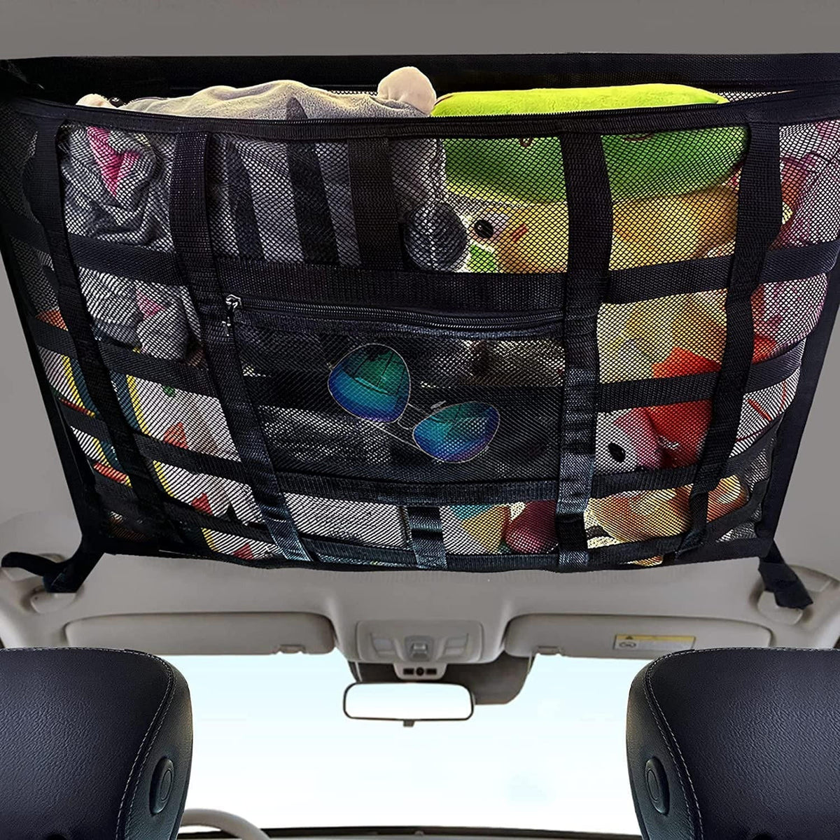 Overhead Vehicle Storage Net with Zipper Access and Buckle Mounting