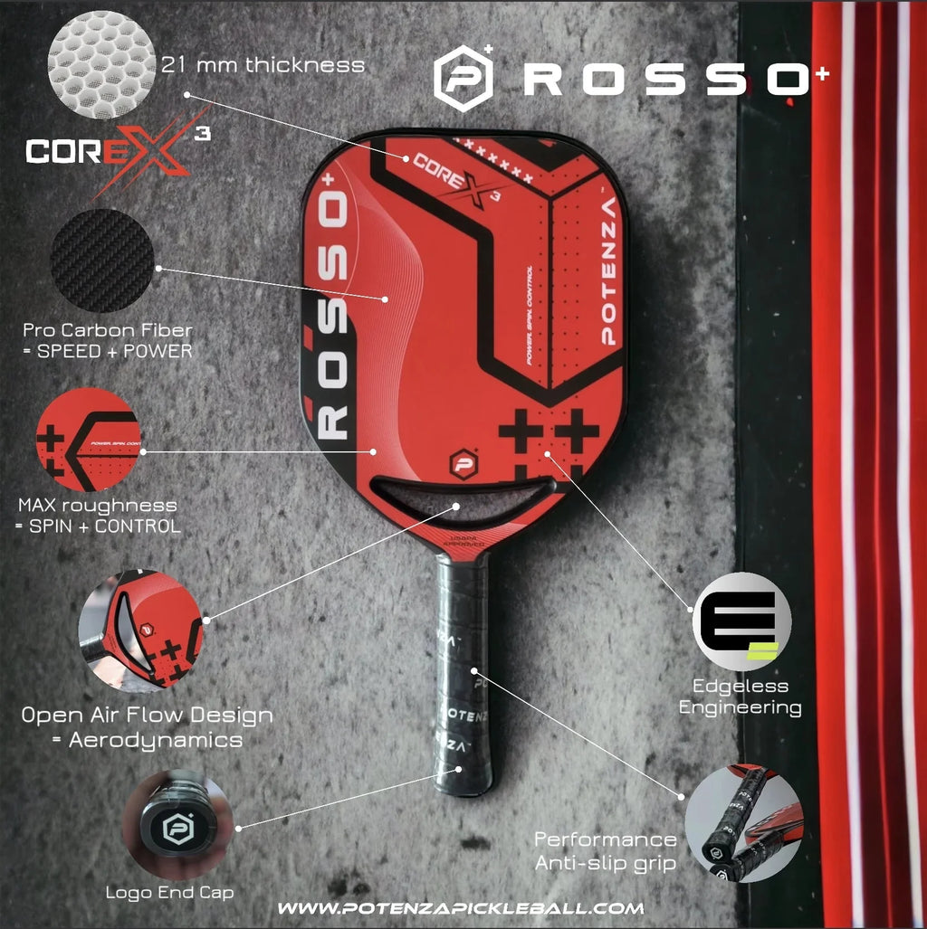 Potenza ROSSO+ Pro Pickleball Paddle (Carbon Fiber, 21mm COREx3 Open Throat)