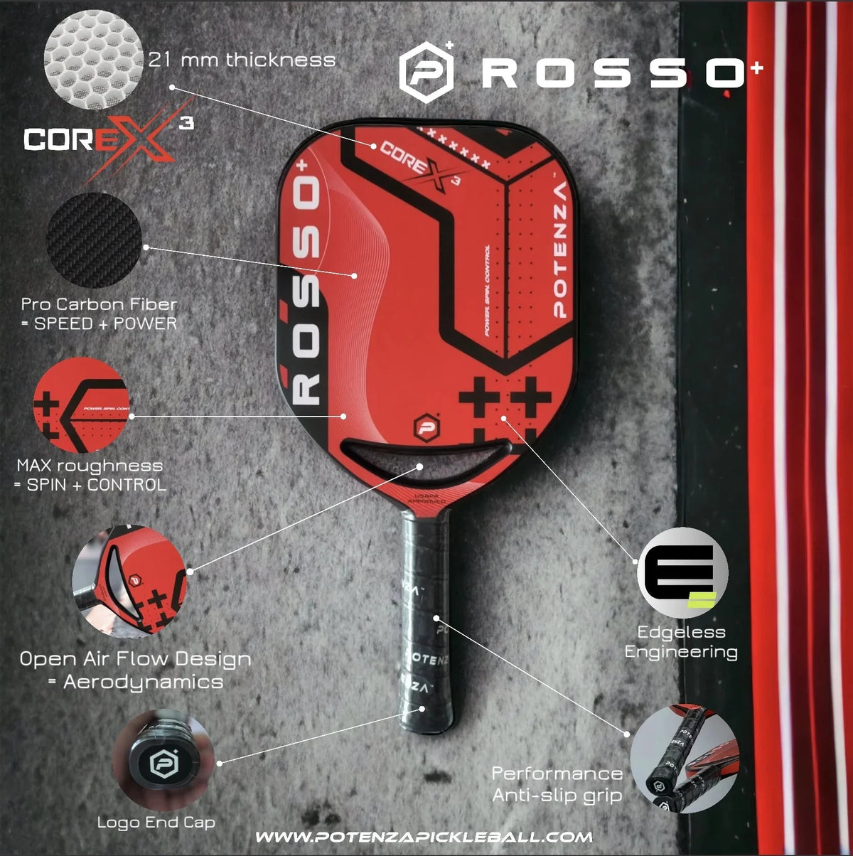 Potenza ROSSO+ Pro Pickleball Paddle (Carbon Fiber, 21mm COREx3 Open Throat)