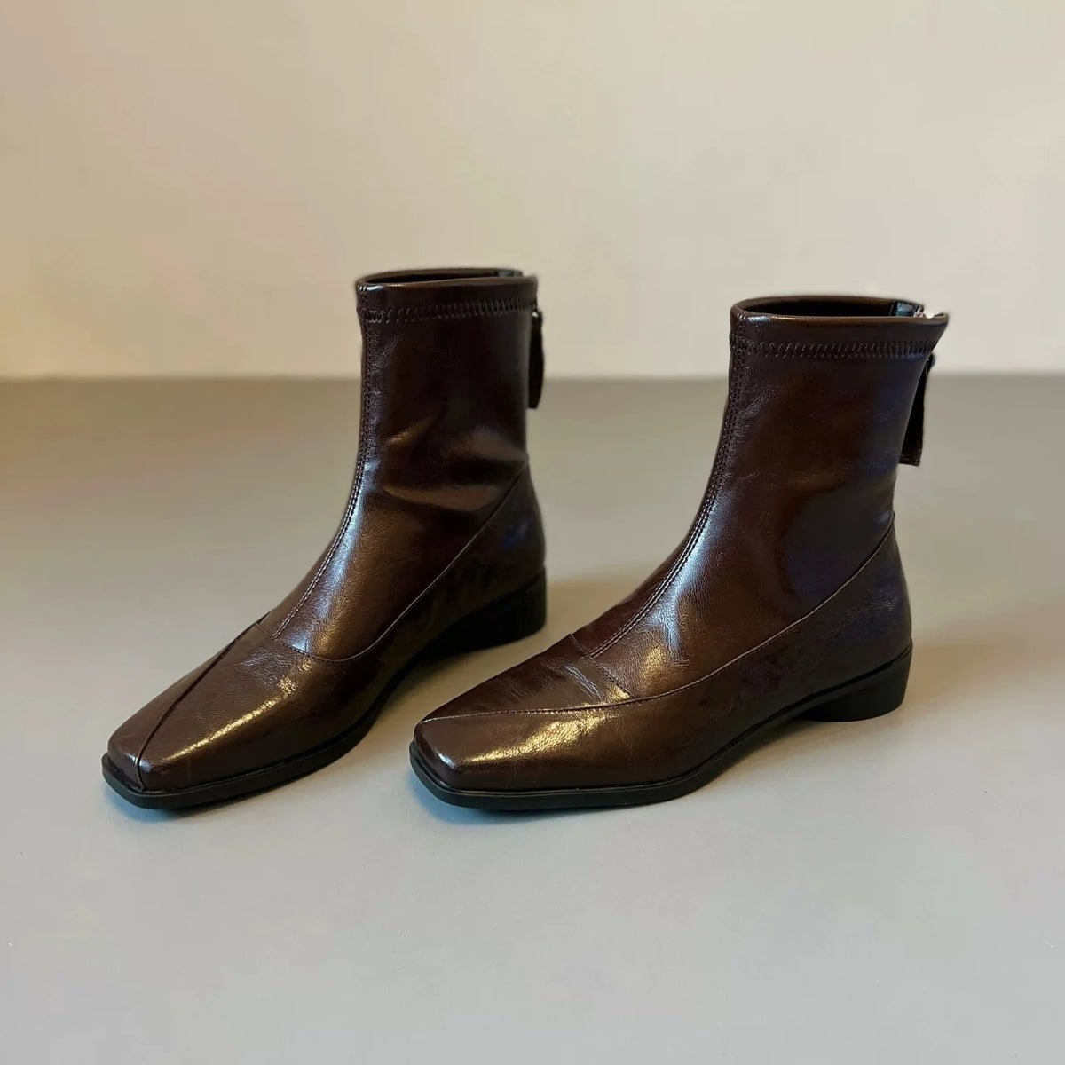 Women French Retro Slim Ankle Boots, Genuine Leather Back Zipper Stretch Boots, Elegant Slimming Block High Heel Short Boots