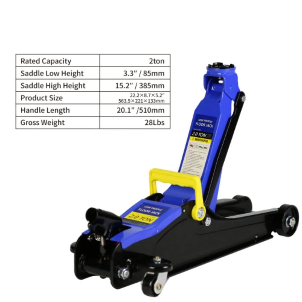 Floor Jack, 2 Ton Low Profile Floor Jack, Heav yDuty Steel Racing Floor Jack with Single Piston QuickLift Pump, Floor Jack Black+Blue + Steel + 2T Single pump + Lifting range 3.3-15.2