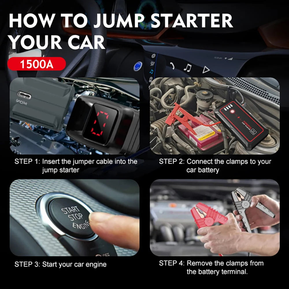 1500A Car Jump Starter 12V 14000mAh(up to 8L Gas,6L Diesel Engines) with USB Quick Charge 3.0 and Smart Clip