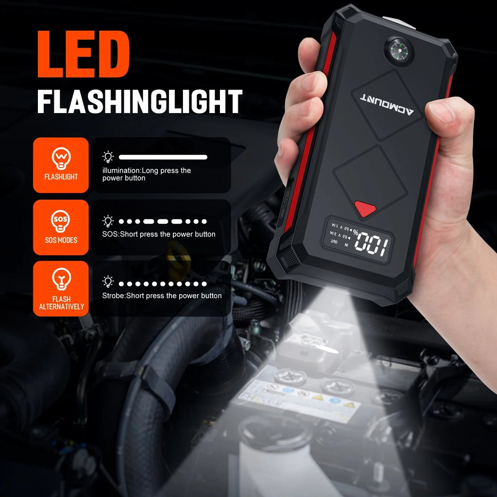Car Jump Starter, Acmount 2000A 12V Portable Battery Jump Starter Box for up to 9L Gas or 7L Diesel Engine with LED Screen & LED Light