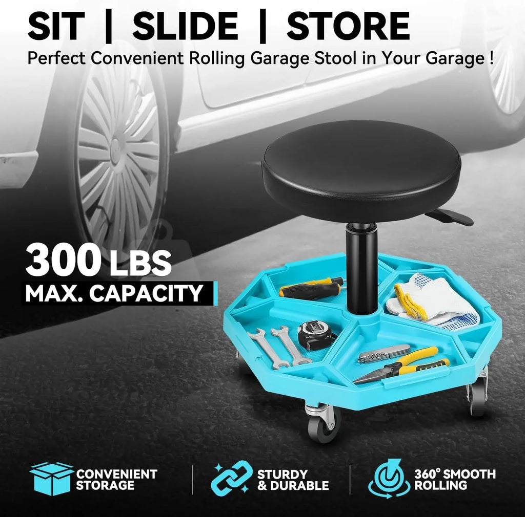 Mechanic Stool, Adjustable Rolling Pneumatic Creeper Garage Shop Seat with Tool Tray, 300 LBS Roller Seat for Workshop Auto Repair, Adjustable Height 15.7 to 21, Black/Blue
