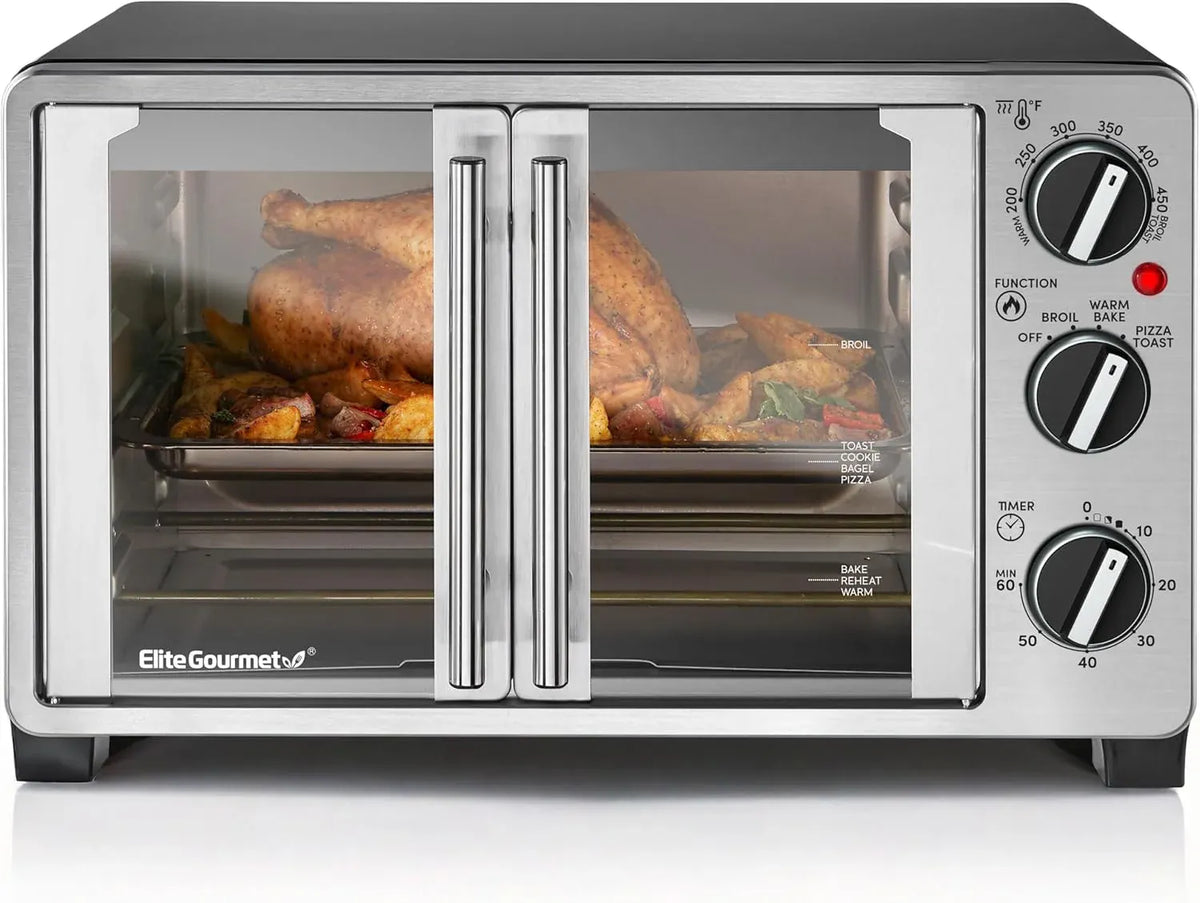 Elite Gourmet ETO2530M Double French Door Countertop Toaster Oven, Bake, Broil, Toast, Keep Warm, Fits 12 pizza, 25L capacity, Stainless Steel & Black