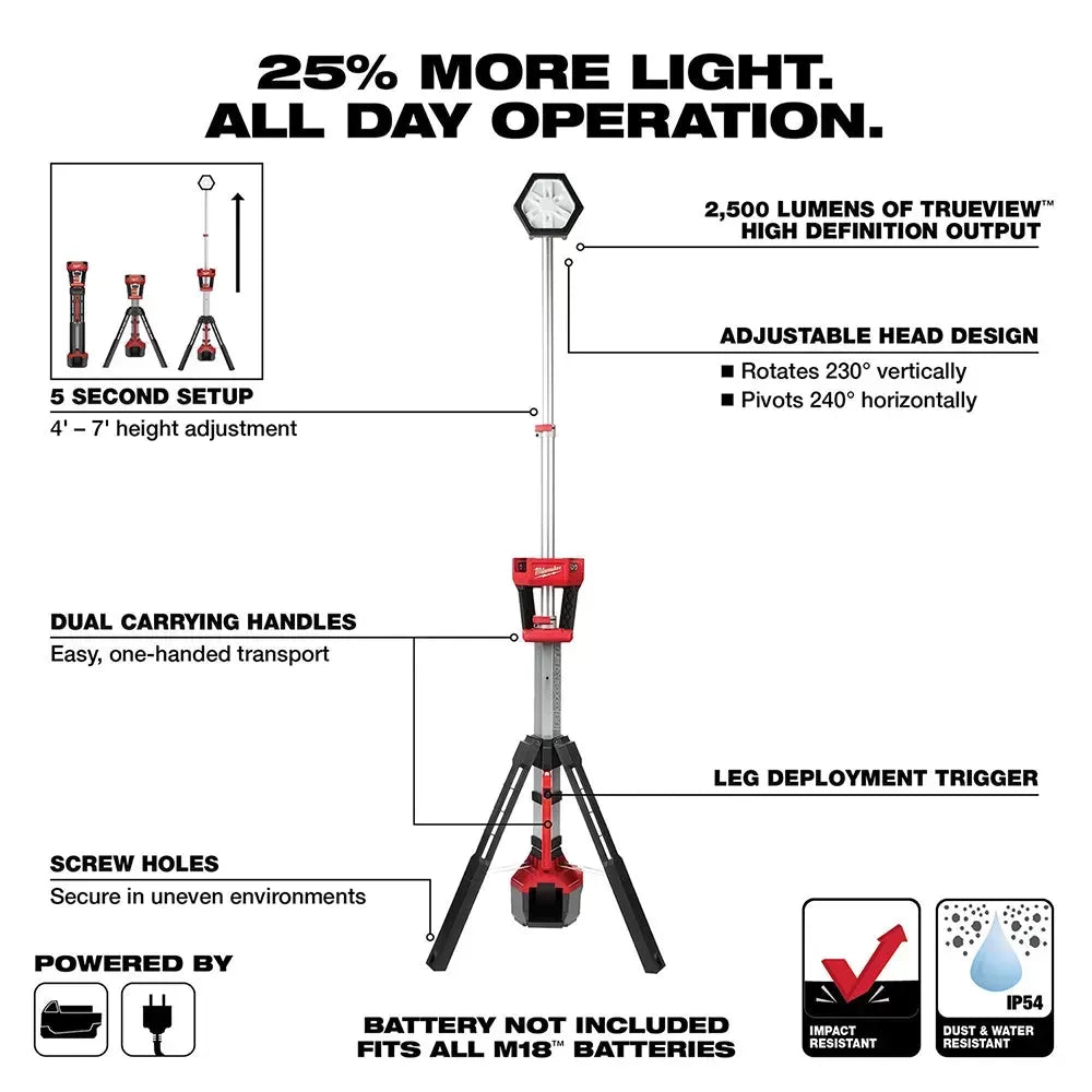 Milwaukee 2131-20 M18 18V Li-Ion ROCKET Dual Power Tower Light - Bare Tool