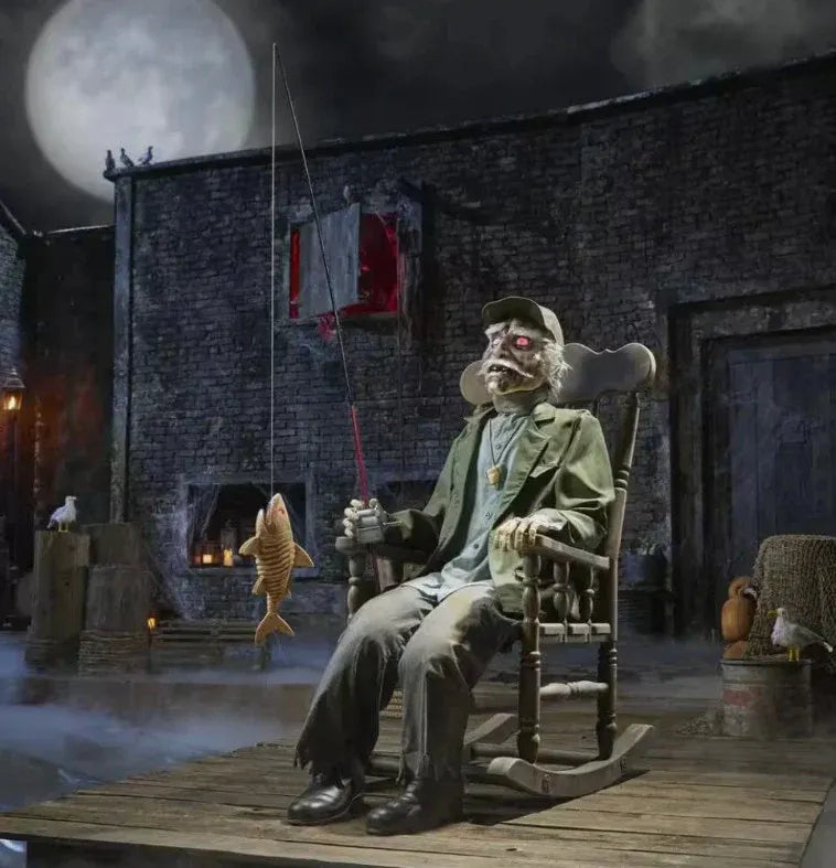 6.5' FT ROCKING CHAIR SWAMP FISHERMAN ANIMATRONIC LED EYES Halloween Home Depot