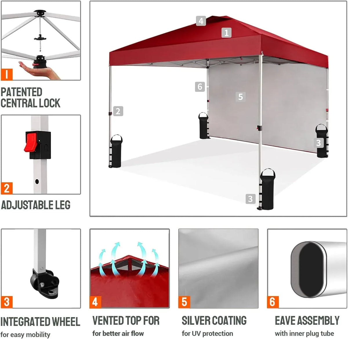 SHADES 10x10 Pop Up Canopy with 1 Side Wall - Beach Tent with One Push Setup - Outdoor Sun Shade for Events, Parties, Camping - Gazebo with STO-N-Go Cover Bag (Red)