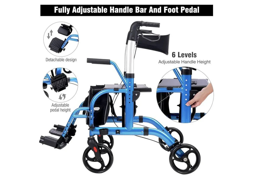 2 In 1 Rollator Walker For Seniors And Medical Transport Chair With Padded Seat