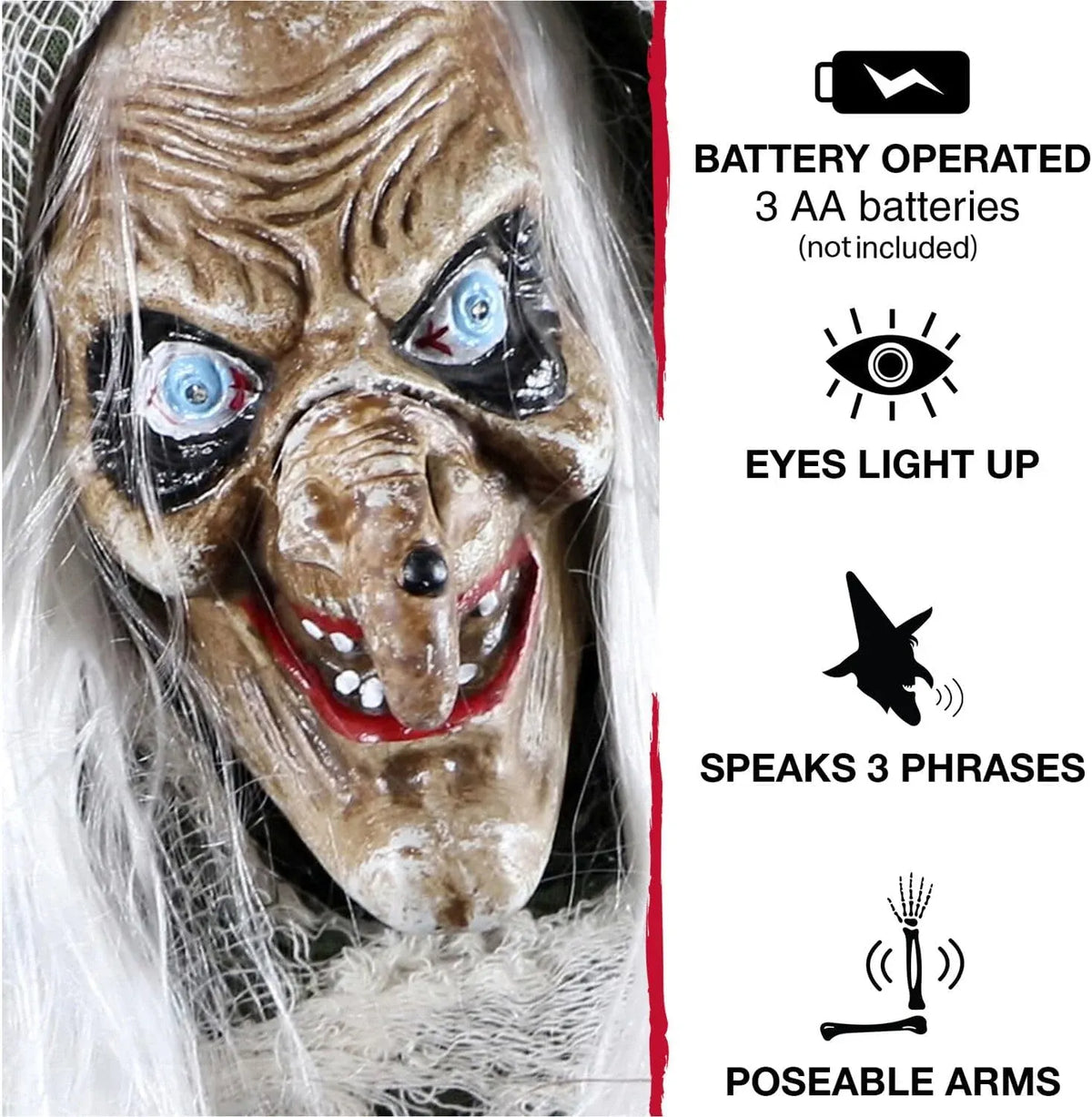 Haunted Hill Farm Life-Size Scary Talking Witch, Animatronic with Touch Activated Lights and Sound, Battery Operated Indoor or Covered Outdoor Decoration, Creepy Halloween Prop