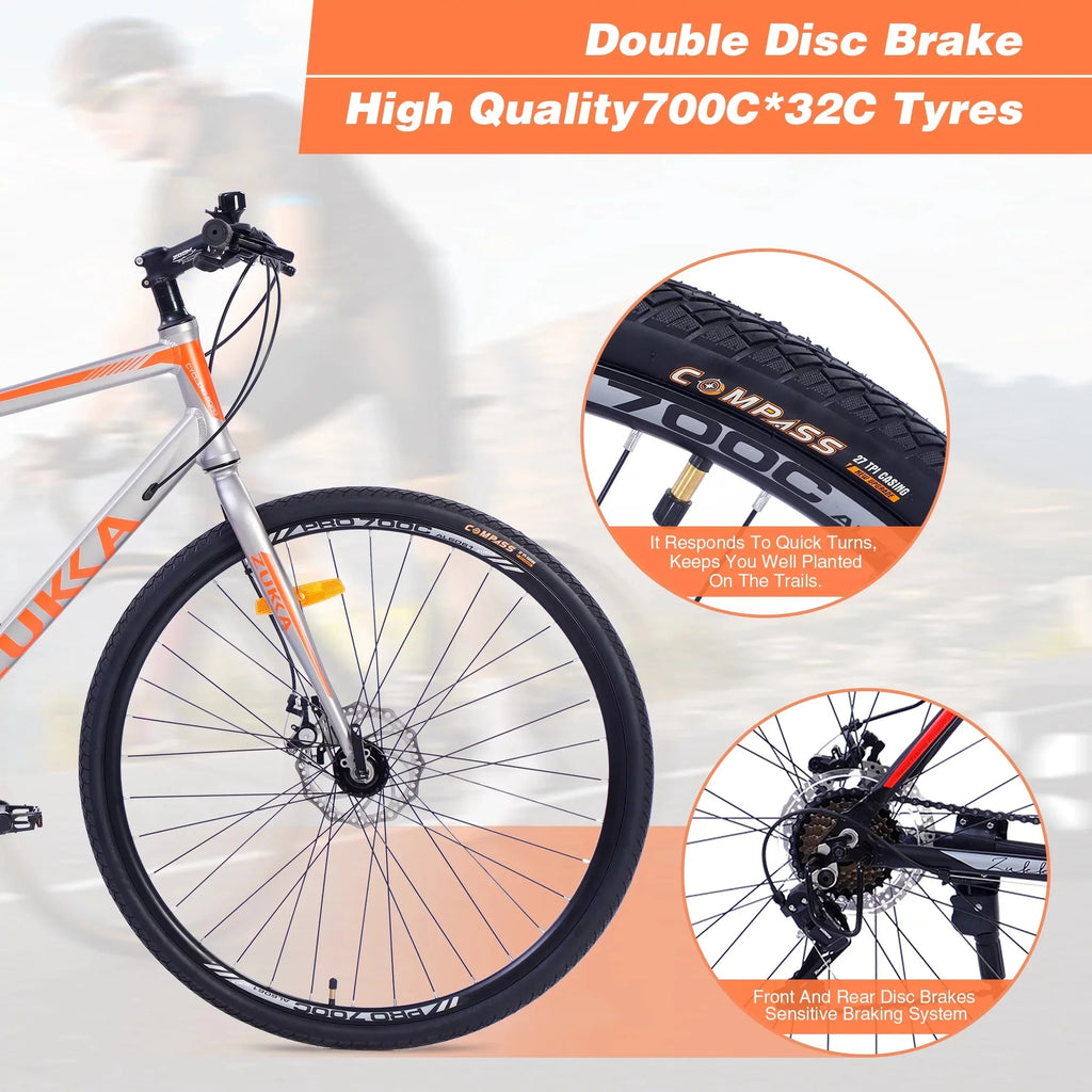 28 inch Hybrid Bike Men, Road Bike with Shimano 21 Speed, 700C Wheels, Comfort Adult Bicycle with Dual Disc Brake, 21'' Lightweight Aluminium Frame, Suggested Rider 5'6 to 6'2 Tall- Silver+Orange