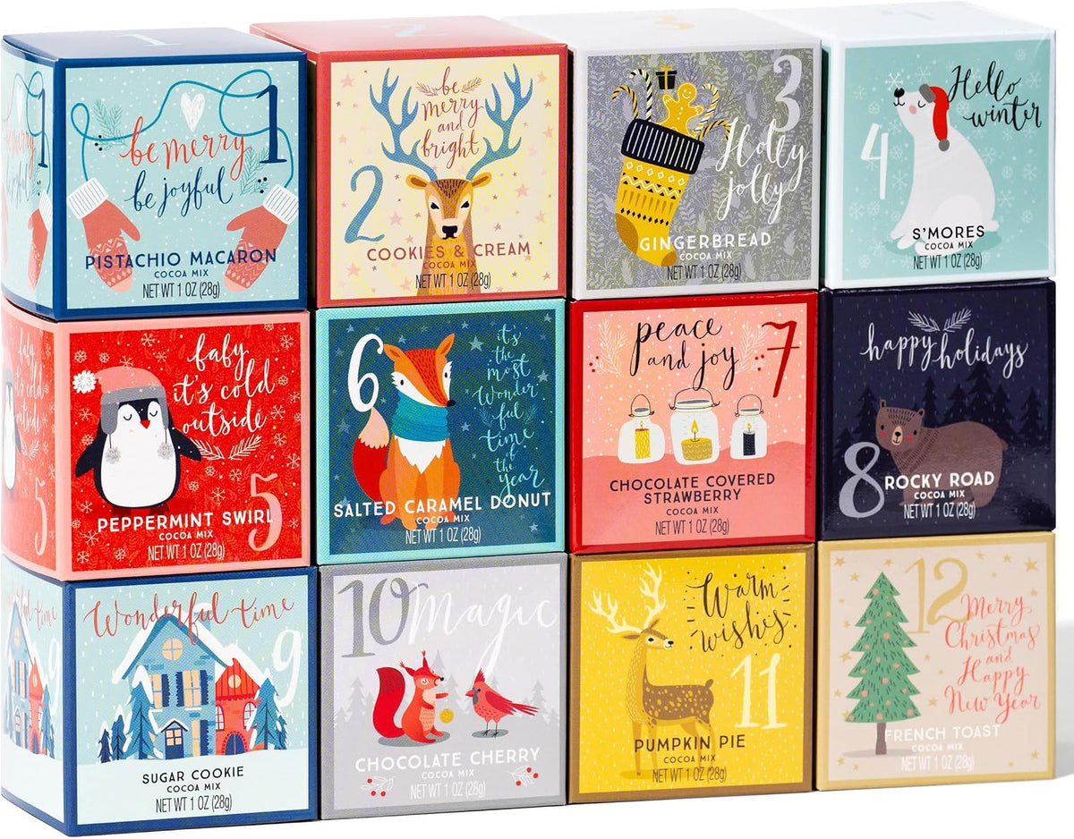 Hot Chocolate Gift Set with 12 Gourmet Flavors and Festive Holiday Packaging