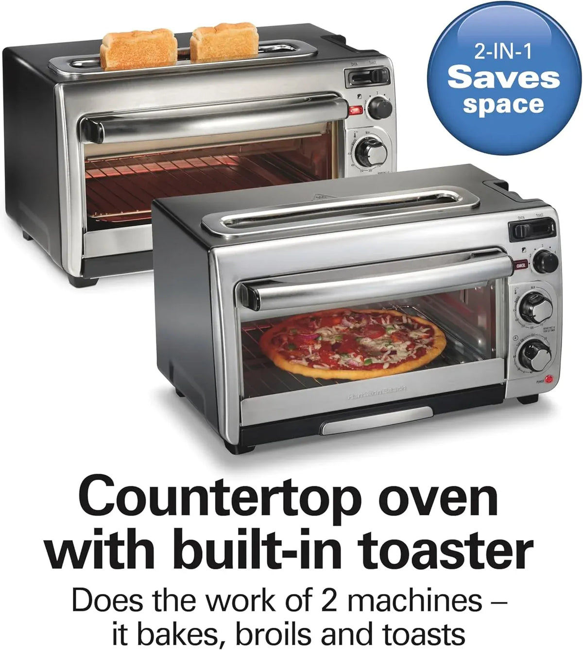 Hamilton Beach 2-in-1 Countertop Toaster Oven and Long Slot 2 Slice Toaster, 60 Minute Timer and Automatic Shut Off, Shade Selector, Stainless Steel (31156)
