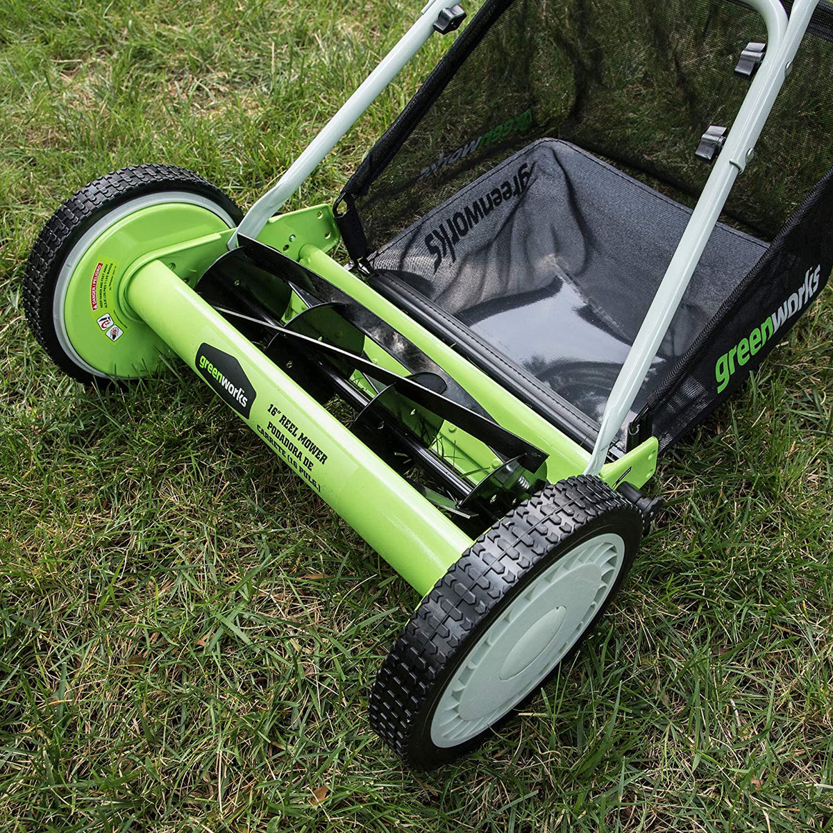 Greenworks 16-Inch Reel Lawn Mower with Grass Catcher 25052，Black/Green， 47D x 22W x 29.75H💝 Last Day For Clearance