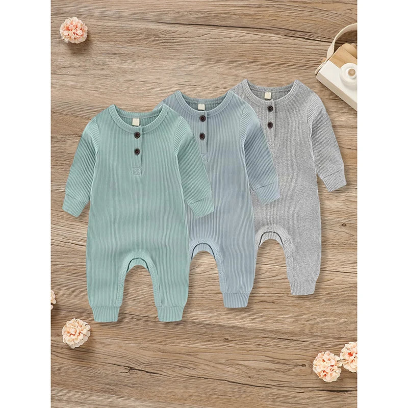 3-Pack Newborns Infants Baby Boys & Girls Long Sleeve Ribbed Romper Soft Button Front Jumpsuit