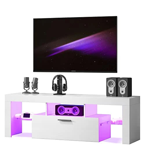 Entrintou Modern LED TV Stand for 32/40/50/55 inch TV, High Glossy Entertainment Center with LED Lights, Gaming Television Stands with Large Storage, Black Wood TV Console for Living Room, Bedroom