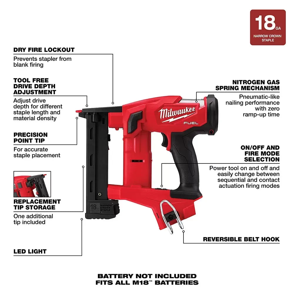 Milwaukee 2749-20 M18 FUEL 18V 18-Gauge 1/4 Narrow Crown Stapler - Bare Tool