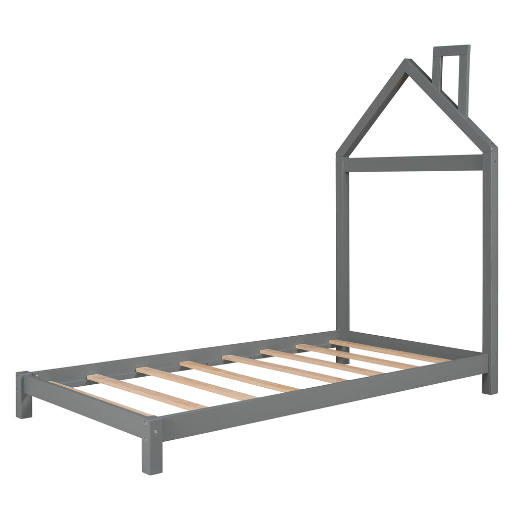 uhomepro Kids Twin Bed Frame with House Frame Headboard, Pretty Platform Bed Frame for Girls Boys, Wood Bed Frame Twin Size Bedroom Furniture with Wood Slats Support, No Box Spring Needed, Gray