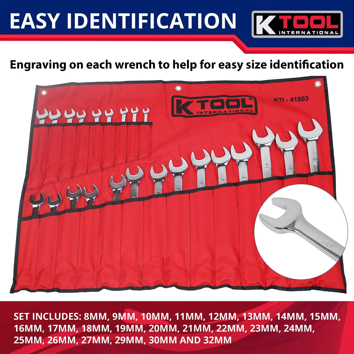 K Tool International 41803 Metric Combination Wrench Set for Garages, Repair Shops, and DIY, Chrome Plated, 12-point, Laser Engraved, Corrosion/Rust Resistant, 8-32mm Wrenches, 23-slot Sleeve