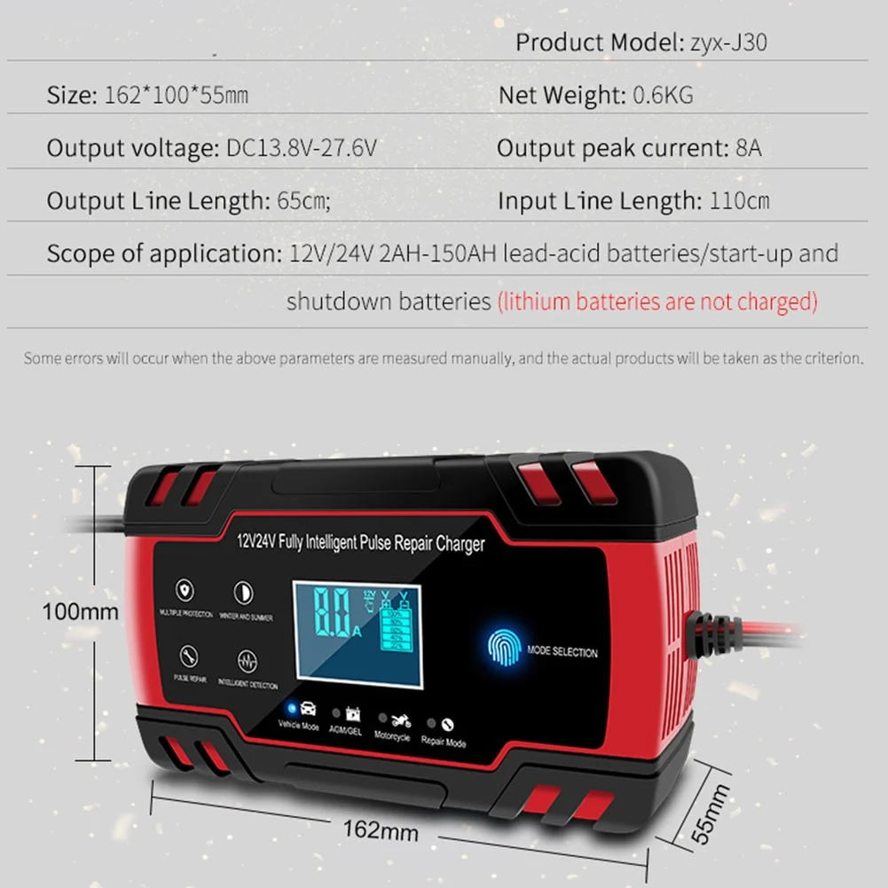 Car Battery Charger 12V /24V Smart Fully Automatic Battery Repair Pulse Charger