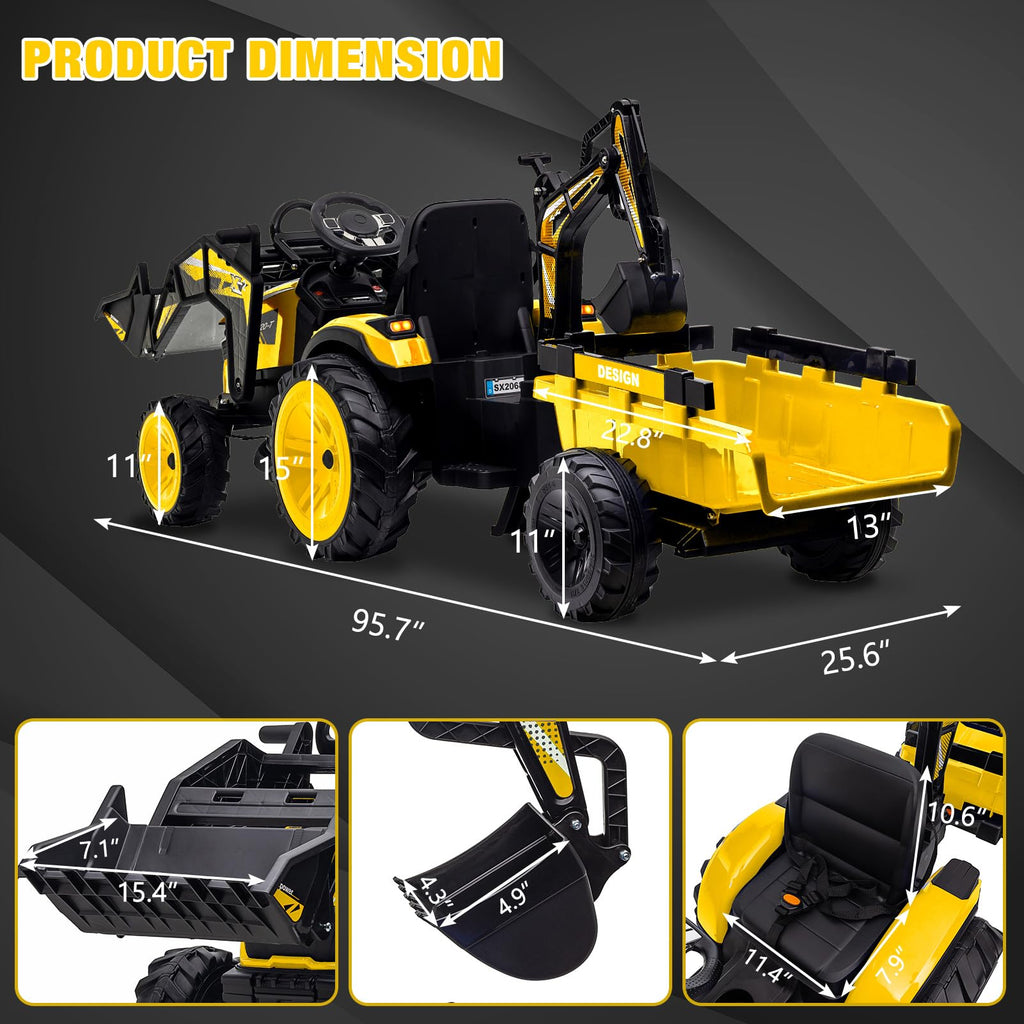 3-in-1 Ride-On Tractor, 24V Electric, Excavator & Bulldozer, Remote Control, LED, Music, USB/Bluetooth max 66 lbs – Bright-yellow