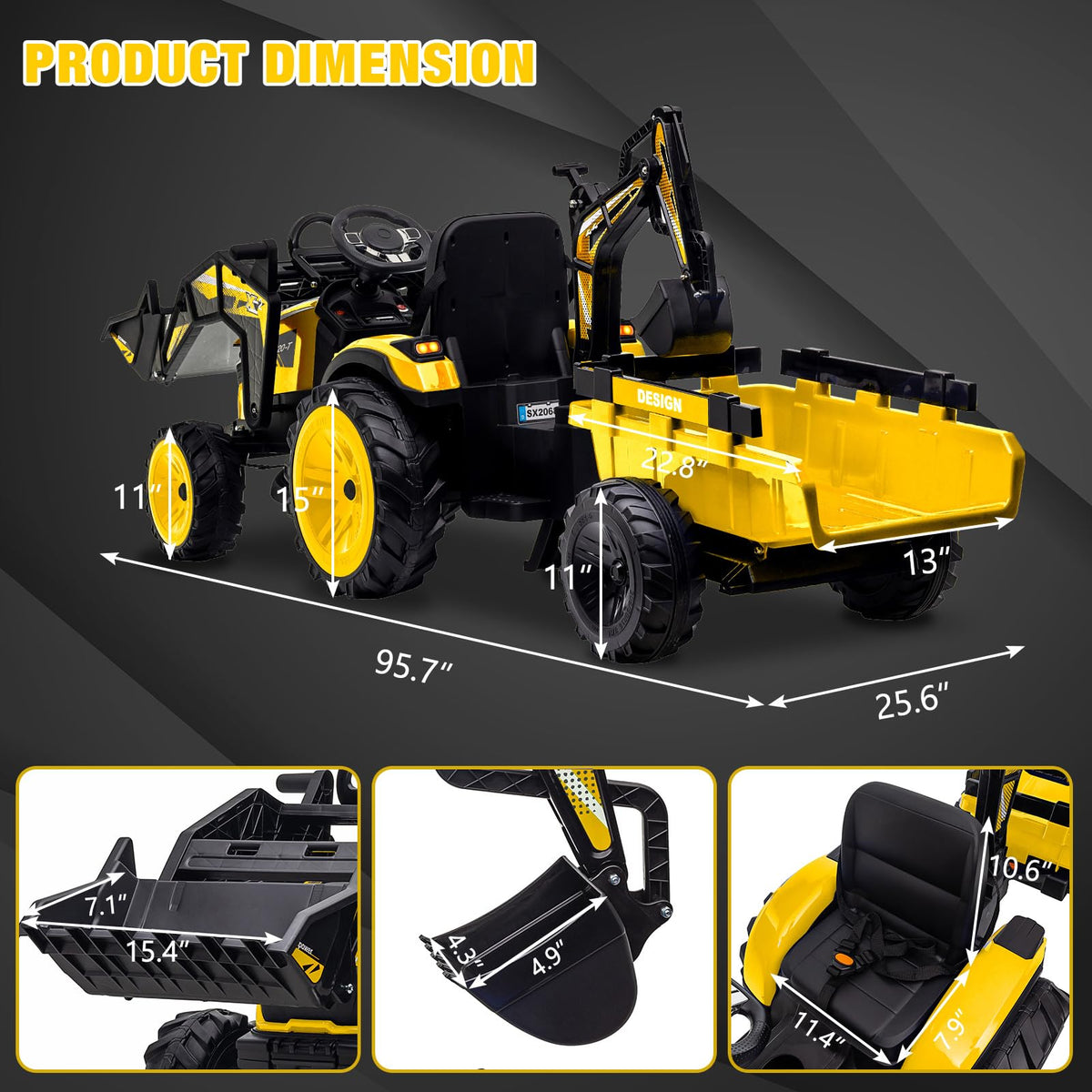 3-in-1 Ride-On Tractor, 24V Electric, Excavator & Bulldozer, Remote Control, LED, Music, USB/Bluetooth max 66 lbs – Bright-yellow