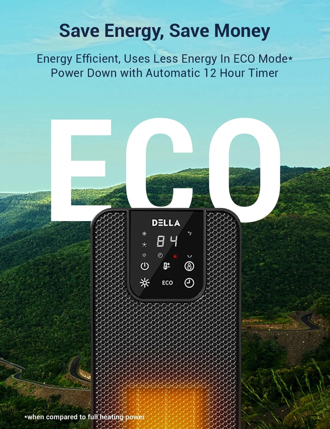 DELLA 26 1500W PTC Fast and Quiet Ceramic Portable Electric Space Heaters with Realistic 3D Flame & Fire Crackling Sound, 3 Modes, Eco, LED Display, Remote, Safety Indoor Room Tower Heater Fan, Black