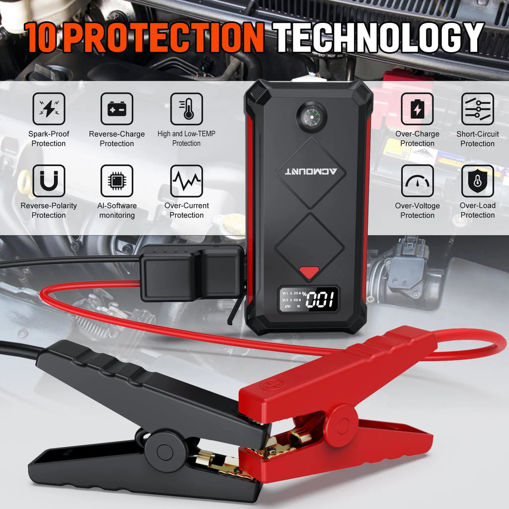 Car Jump Starter, Acmount 2000A 12V Portable Battery Jump Starter Box for up to 9L Gas or 7L Diesel Engine with LED Screen & LED Light