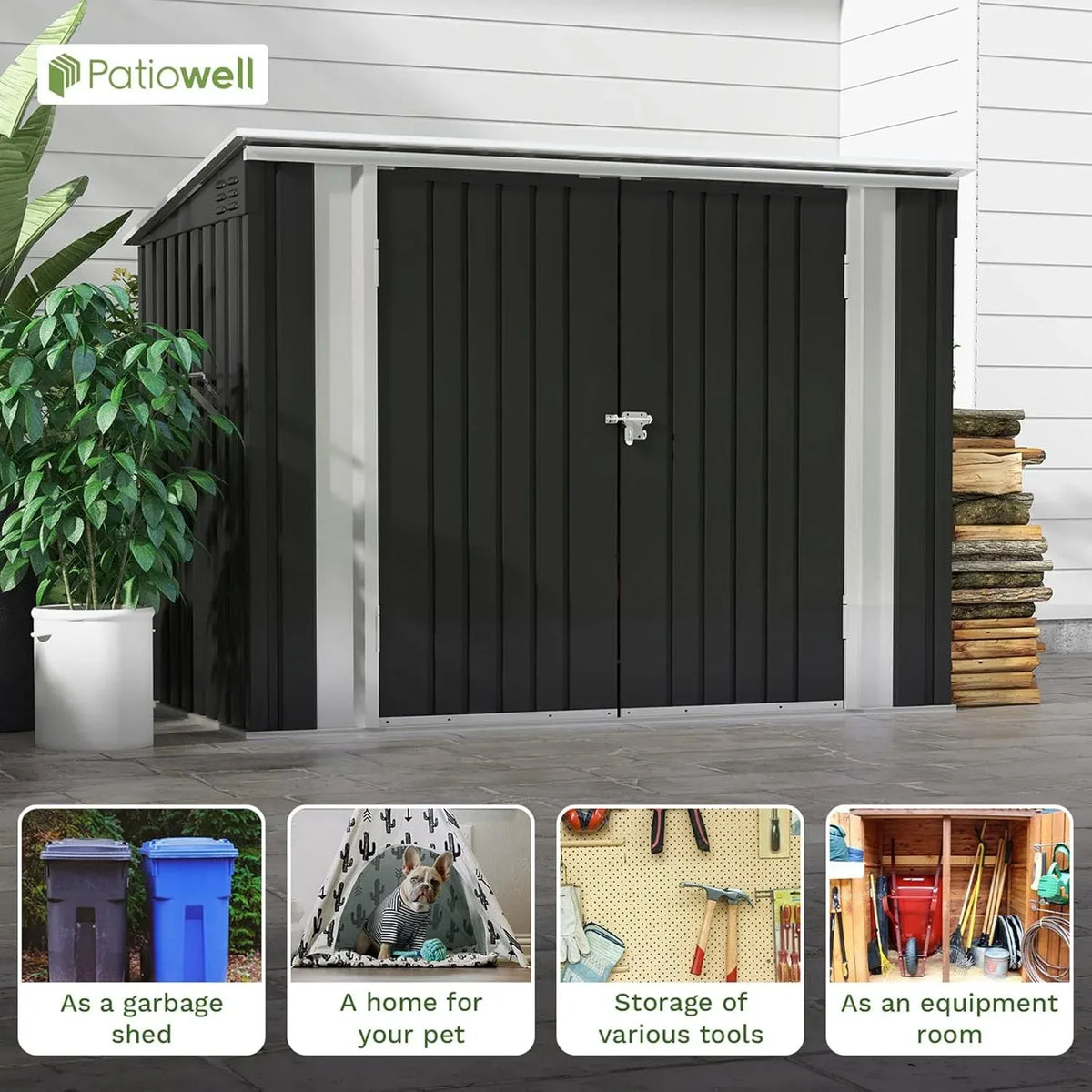 Patiowell 6 x 3 FT Horizontal Metal Shed, Outdoor Storage Shed with Double Lockable Doors and Easy Lift Hinges for Trash Cans, Garden Tools and Pool Accessories, Sloping Roof for Backyard Garden Lawn
